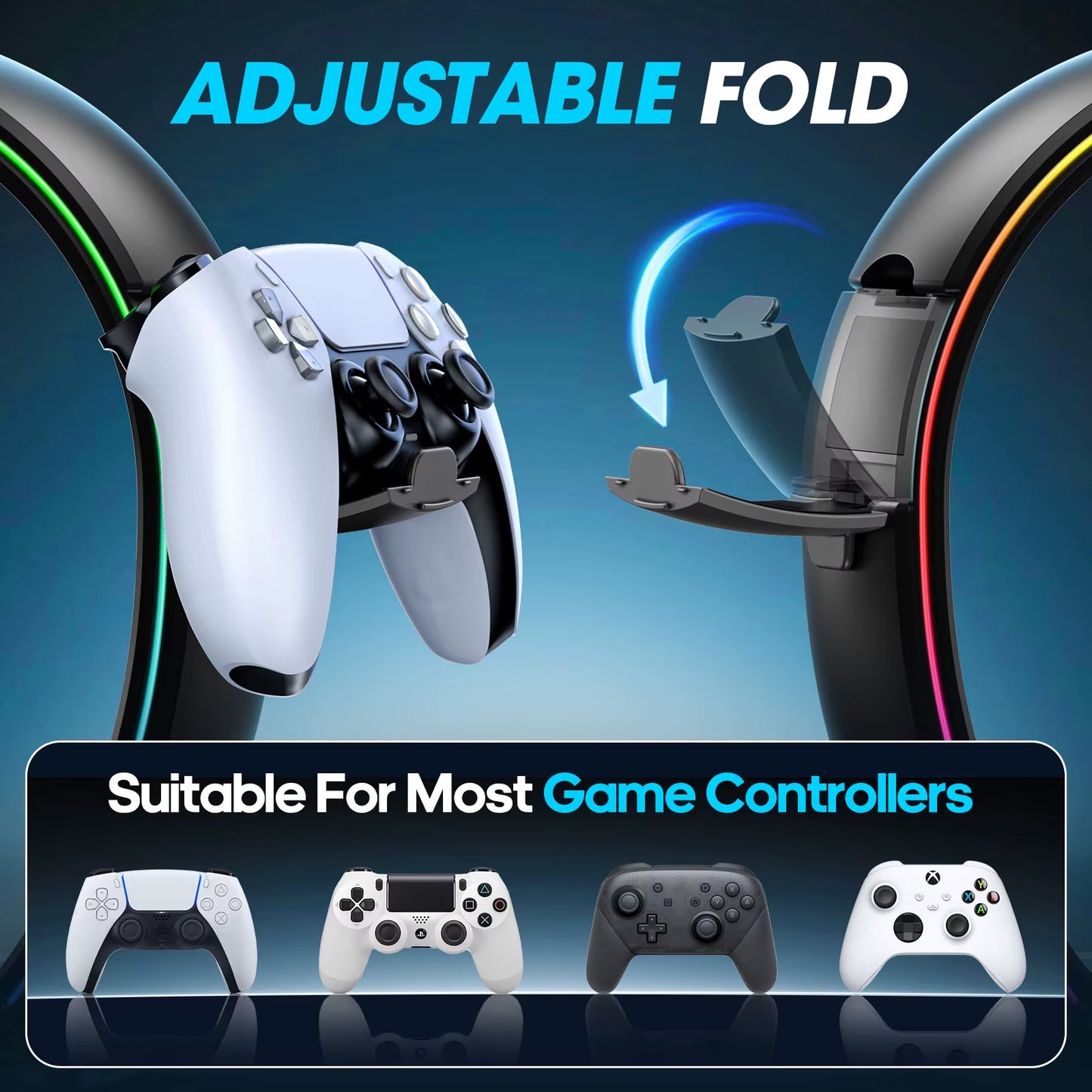Headphone & Controller Stand with 9 Light Modes - Foldable Controller Hanger for Desk - Earphone Stand with Cable Organizer