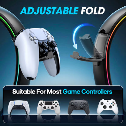 Headphone & Controller Stand with 9 Light Modes - Foldable Controller Hanger for Desk - Earphone Stand with Cable Organizer