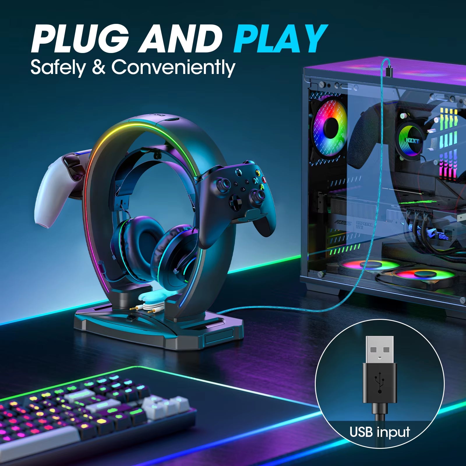 Headphone & Controller Stand with 9 Light Modes - Foldable Controller Hanger for Desk - Earphone Stand with Cable Organizer