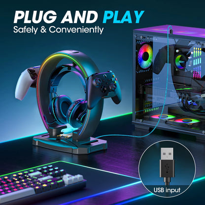 Headphone & Controller Stand with 9 Light Modes - Foldable Controller Hanger for Desk - Earphone Stand with Cable Organizer