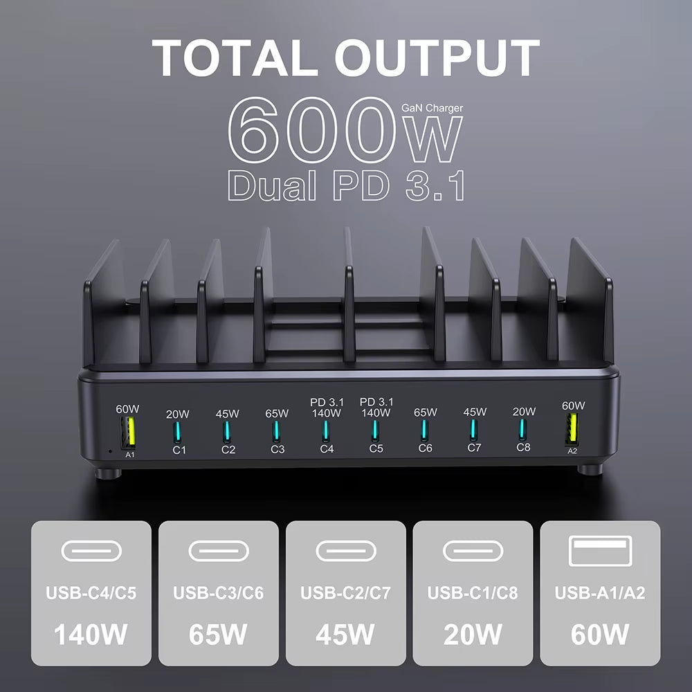 600W Multi USB Fast Charger 10-Port Gan PD 3.1 Charging Station Stand for Macbook Iphone 16 15 Ipad Samsung Tablet Laptop