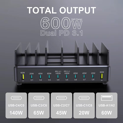 600W Multi USB Fast Charger 10-Port Gan PD 3.1 Charging Station Stand for Macbook Iphone 16 15 Ipad Samsung Tablet Laptop