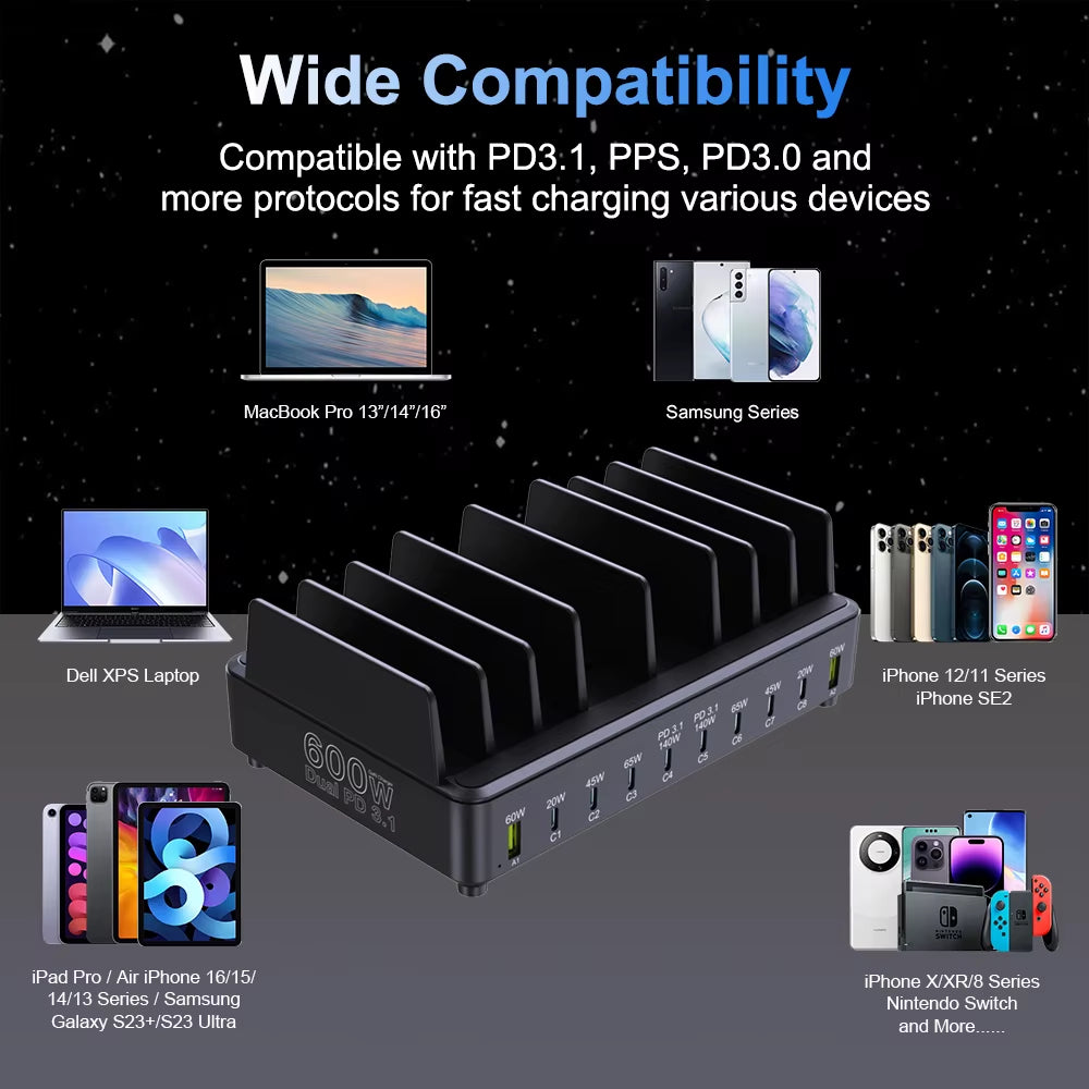 600W Multi USB Fast Charger 10-Port Gan PD 3.1 Charging Station Stand for Macbook Iphone 16 15 Ipad Samsung Tablet Laptop
