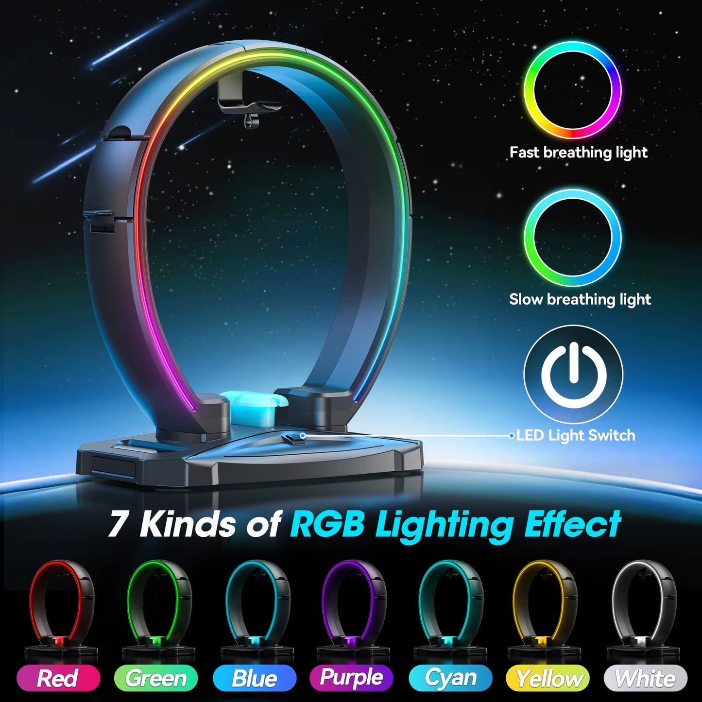 Headphone & Controller Stand with 9 Light Modes - Foldable Controller Hanger for Desk - Earphone Stand with Cable Organizer