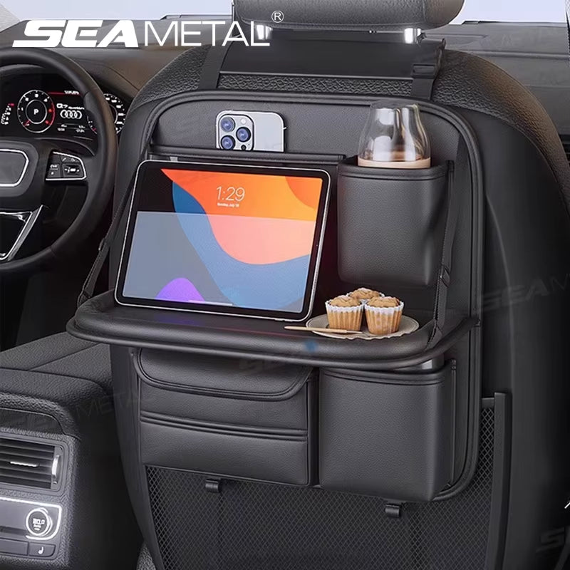 8 in 1 Car Seat Back Storage Bag with Foldable Tray Wear-Resistant Waterproof Car Back Seat Organizer Tissue/Cup Holder