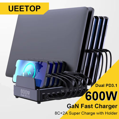 600W Multi USB Fast Charger 10-Port Gan PD 3.1 Charging Station Stand for Macbook Iphone 16 15 Ipad Samsung Tablet Laptop